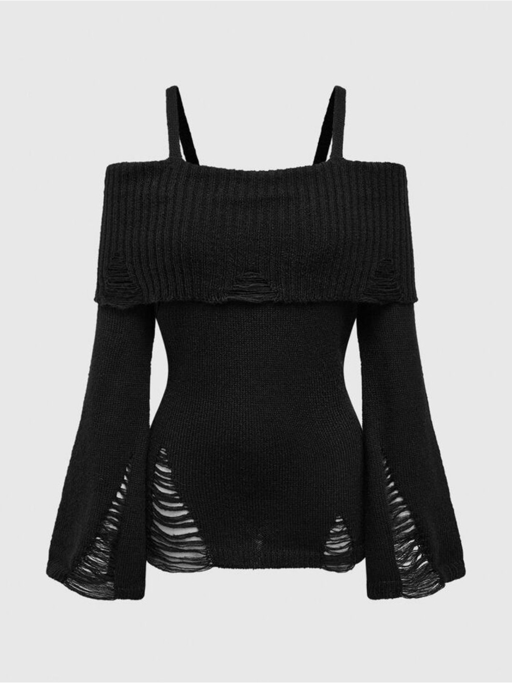 ROMWE Black Off-the-Shoulder Distressed Knit Sweater